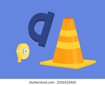 Labor tools set. Ruler, measuring tape and orange cone for workers. Builders and repairmen inventory. Safety and protection. Cartoon flat vector collection isolated on blue background