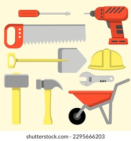 Labor tools vector illustration. Set of labor tools. Worker tool icon for design industry, construction or factory. Labor day graphic resource. Industrial equipment sheet