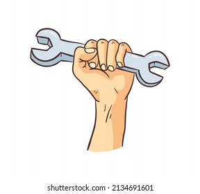 Labor Union Day Symbol Vector. Clenched Fist With Wrench With Hand On White Background. Man Holding Spanner On His Hand. Clipart Style Of Labor Day, May Day Symbol Icon In Vector Illustration.