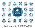 Labor Union icon set. Union Dues, Workforce, Job Conditions, Employee Benefits, Members, Constitution, Workforce, Employer. Duotone color solid icons