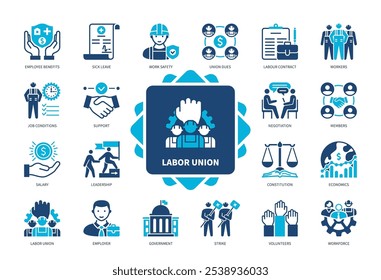 Labor Union icon set. Union Dues, Workforce, Job Conditions, Employee Benefits, Members, Constitution, Workforce, Employer. Duotone color solid icons