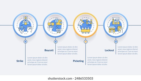 Las tácticas de protesta de los sindicatos rodean la Plantilla infográfica. Visualización de datos con 4 pasos. Gráfico de información de línea de tiempo editable. Diseño de flujo de trabajo con iconos de línea
