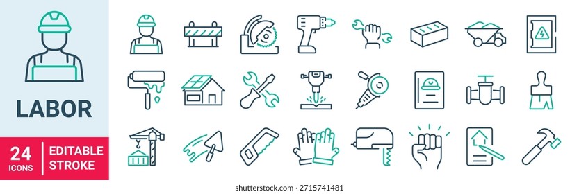 Conjunto de iconos editables de la línea de Web laboral. Contiene iconos relacionados con la mano de obra, la construcción, la jornada laboral, la renovación y más. Ilustración vectorial.