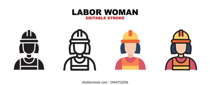 Labor Woman icon set with different styles. Icons designed in filled, outline, flat, glyph and line colored. Editable stroke and pixel perfect. Can be used for web, mobile, ui and more.