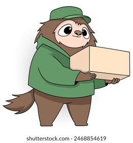 Labor worker activity cartoon doodle, Slow loris is working as a courier delivering package boxes to customers