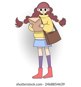 Dibujo animado de la actividad del trabajador laboral, muchacha joven que lleva una carpeta llena de letras que buscan trabajo