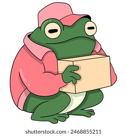 Labor worker activity cartoon doodle, The courier green frog brings the package to the customer at his house