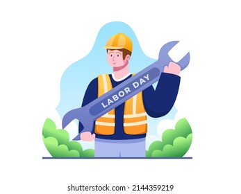 Labor worker Celebrate Labor Day with holding Spanner and with Text Labor Day. Happy Labor Day Design. Can be used for greeting card, postcard, banner, poster, etc.