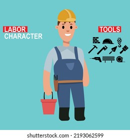 CARÁCTER TRABAJADOR DE TRABAJO CON EQUIPO DE VECTOR DE HERRAMIENTAS MASONARIAS
