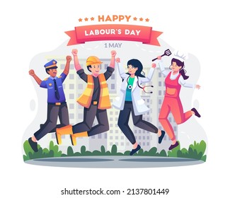 Labor workers in different professions are having fun jumping together happily celebrating Labour day on 1 May. Flat style vector illustration