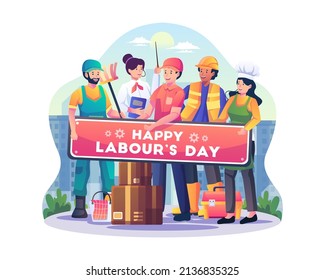 Labor workers in different Professions standing together hold a banner sign saying happy labor day. Flat style vector illustration