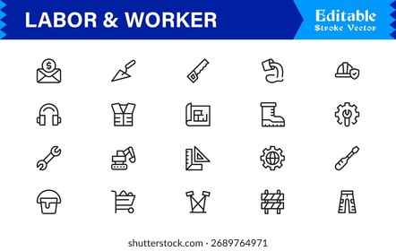 Símbolos de mano de obra y mano de obra Paquete de iconos de línea mínima de Ilustraciones vectoriales únicas y editables