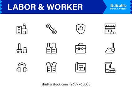 Símbolos de mano de obra y mano de obra Paquete de iconos de línea mínima de Ilustraciones vectoriales únicas y editables