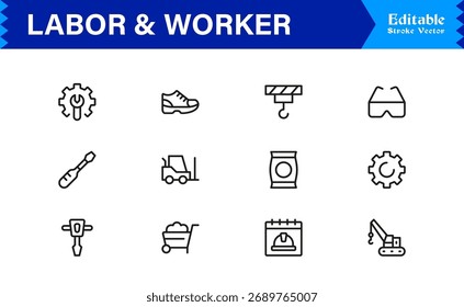 Símbolos de Mão-de-Obra e Força de Trabalho Pacote de Ícones de Linha Mínima de Ilustrações de Vetor Exclusivas e Editáveis