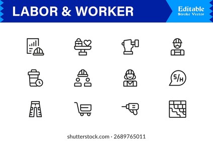 Símbolos de mano de obra y mano de obra Paquete de iconos de línea mínima de Ilustraciones vectoriales únicas y editables