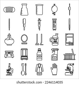 Laboratorium Icon in Line Style for any Purpose, Perfect for Persentation Laboratorium, Mask, Elen Mayer, Baker Glass, Thermometer, Microscope, Petri Dish, Reagen, pH Meter, Bunsen.