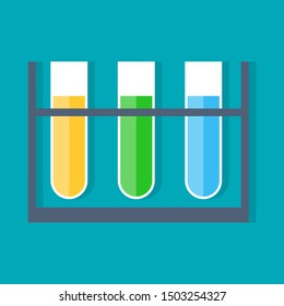 laboratoru three glass yellow green blue color liquid icon in flat style isolated. Vector Symbol illustration.