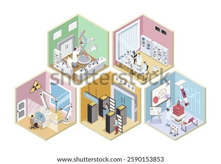 Laboratory 3d isometric rooms concept in isometry graphic design for web. People doing research in genetics, pharmaceutical and physics departments, using data center servers. Vector illustration.