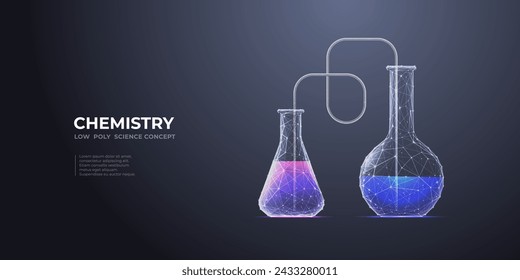 Laboratory abstract flask with neon-colorful liquid. Digital lab background. Science and chemistry concept. Test tubes or glass beakers on a technology-dark background. Vector 3D illustration.