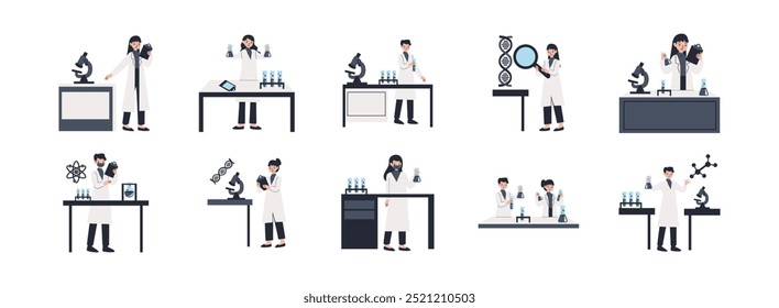 Laboratory Activity Concept flat illustration set. Include of experiment, biology research, scientist, and student research. Vector illustration isolated.