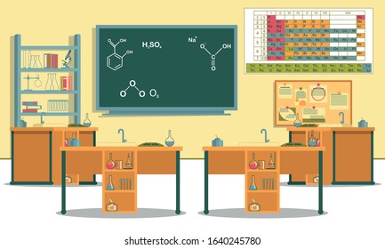 Laboratory with All Necessary Equipment in Local School. Chemistry Class Interior. Periodic Table, Blackboard with Formulas, Teachers Table, Flasks and Beakers Ready to Use in Individual Workplaces.