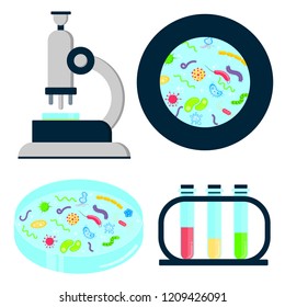 Laboratory analisys equipment set. Microscope, petri dish, test tubes with holder and zoomed view bacterias, germsm viruses and microorganisms flat style cartoon design vector illustration isolated.