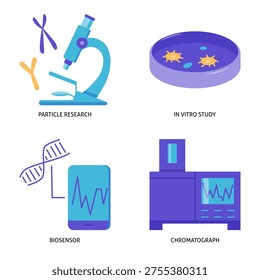 Laboratory analysis and diagnostics flat icon set. Microscope, Petri dish, biosensor and chromatograph symbols. Vector illustration.