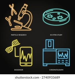 Laboratory analysis and diagnostics neon icon set. Microscope, Petri dish, biosensor and chromatograph symbols. Vector illustration.