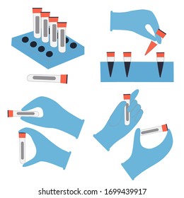 Laboratory and analysis. Hand with a test tube in a glove. Vector set