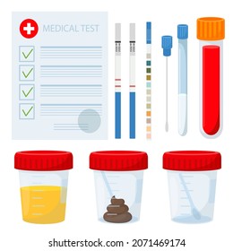 Laboratory analysis set. blood test, urine, semen, feces, pregnancy test, urine test. Cartoon style