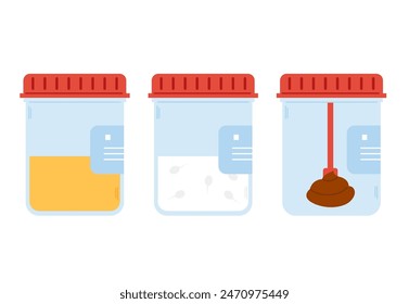 Análisis de laboratorio conjunto de heces, orina y semen. Muestras médicas en envase plástico