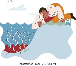 Laboratory assistant conducts experiments with water life, studies environment and its inhabitants. Ecological researcher analyzing test data from pond or river. Scientist holding magnifying glass
