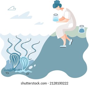 Laboratory assistant conducts experiments with water sourse, study impact on environment. Ecological researcher analyzing test data from pond or river. Scientist holding test tube, sitting on shore