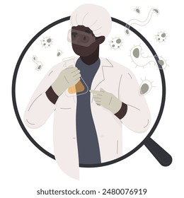 The laboratory assistant, dressed in a white coat, gloves, cap, and goggles, stands in the center of a magnifying glass, holding a flask, while biological microorganisms flutter around