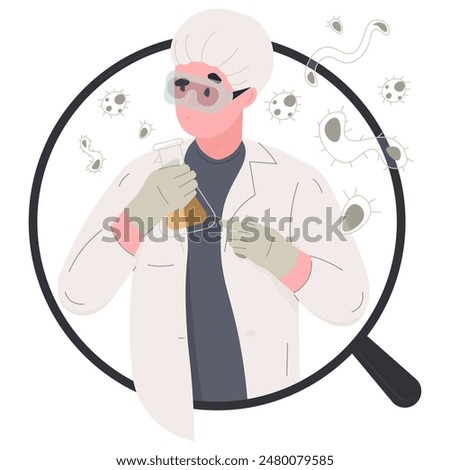 The laboratory assistant, dressed in a white coat, gloves, cap, and goggles, stands in the center of a magnifying glass, holding a flask, while biological microorganisms flutter around 