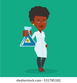 Laborassistent, der einen Kolben mit Biogefährdungszeichen hält. Ein afrikanischer amerikanischer Laborassistent für medizinische Kleidung, der einen Kolben mit Biogefahrzeichen zeigt. Vektorflache Design-Illustration. Quadratisches Layout.