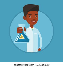 Laboratory assistant holding a flask with biohazard sign. Laboratory assistant in medical gown showing a flask with biohazard sign. Vector flat design illustration in the circle isolated on background