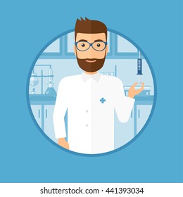 Laboratory assistant holding syringe. Laboratory assistant with syringe in a laboratory. Laboratory assistant making medical test. Vector flat design illustration in the circle isolated on background.