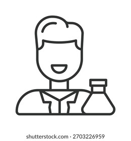 Laboratory assistant icon in line design. male lab worker, medical scientist on white background vector. Laboratory assistant editable stroke icon