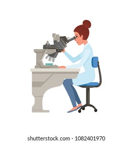 Laboratory assistant looking through microscope, scientists in medical laboratory doing research vector Illustration on a white background