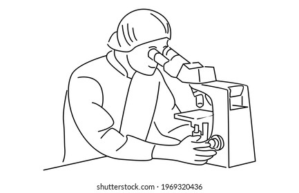 Laboratory assistant looking through microscope, scientists in medical laboratory vector illustration