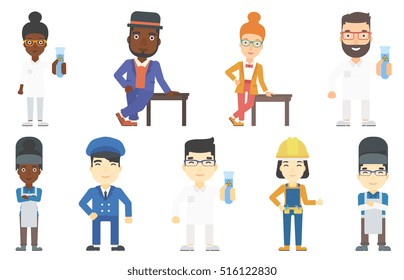 Laboratory assistant in medical gown holding flask with biohazard sign. Laboratory assistant showing flask with some liquid in it. Set of vector flat design illustrations isolated on white background.