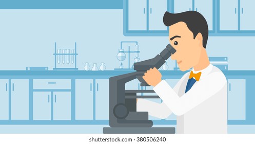 Laboratory assistant with microscope.