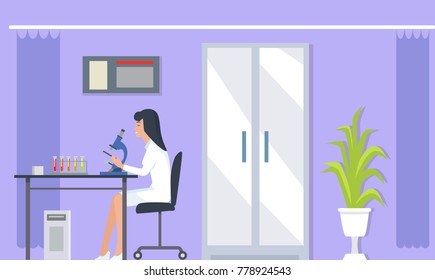 Laboratory assistant with microscope doing researches in laboratory with medical bulbs, plant and big door on vector illustration isolated on purple
