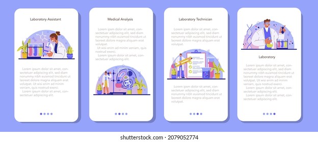 Laboratory assistant mobile application banner set. Pharmaceutical research, scientist making clinical test and analysis. Researcher with microscope. Flat vector illustration