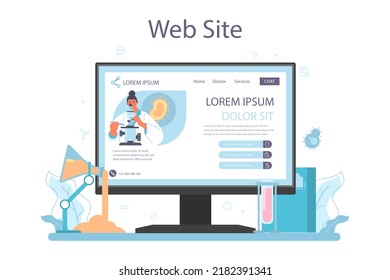 Laboratory assistant online service or platform. Pharmaceutical research, scientist making clinical test. Medicine development. Website. Vector illustration