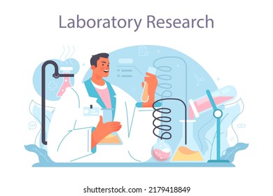 Laboratory assistant. Pharmaceutical research, scientist making clinical test and analysis. New medicine development. Researcher with microscope. Flat vector illustration