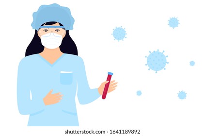 Laboratory assistant in protective suit and mask with vaccine ampoule in hand. Coronavirus treatment. Chinese virus 2019-nCoV