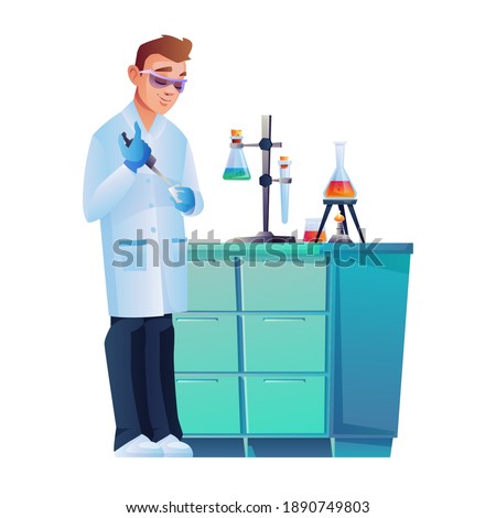 Laboratory assistant in safety glasses conducting experiment isolated scientific worker. Vector lab scientist with chemical flasks holder on table, test tubes with liquids. Chemist pharmacy specialist
