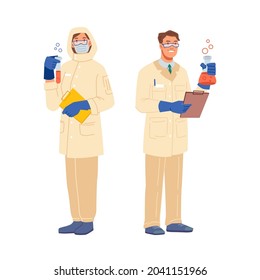 Laboratory assistant and scientist in protective uniform isolated man and woman flat cartoon characters. Vector chemical and microbiology researches in lab with medical flasks making tests